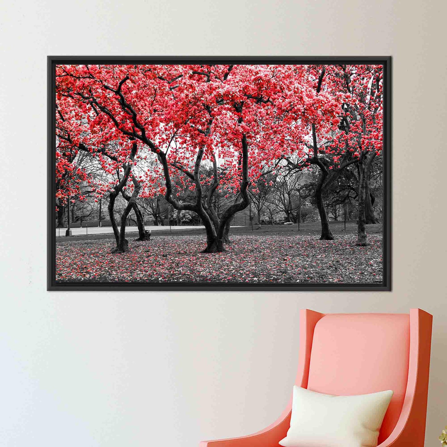 Red Landscape Trees and Flowers Canvas Print