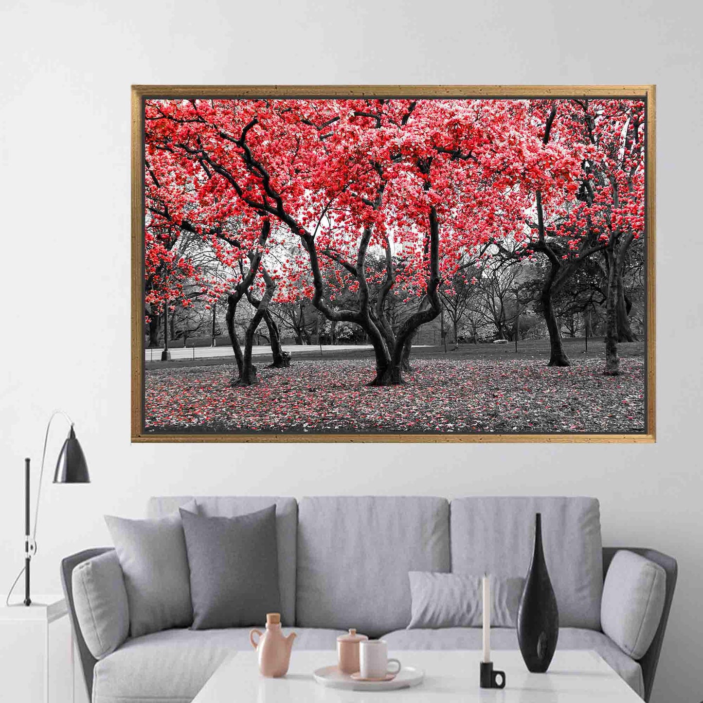 Red Landscape Trees and Flowers Canvas Print
