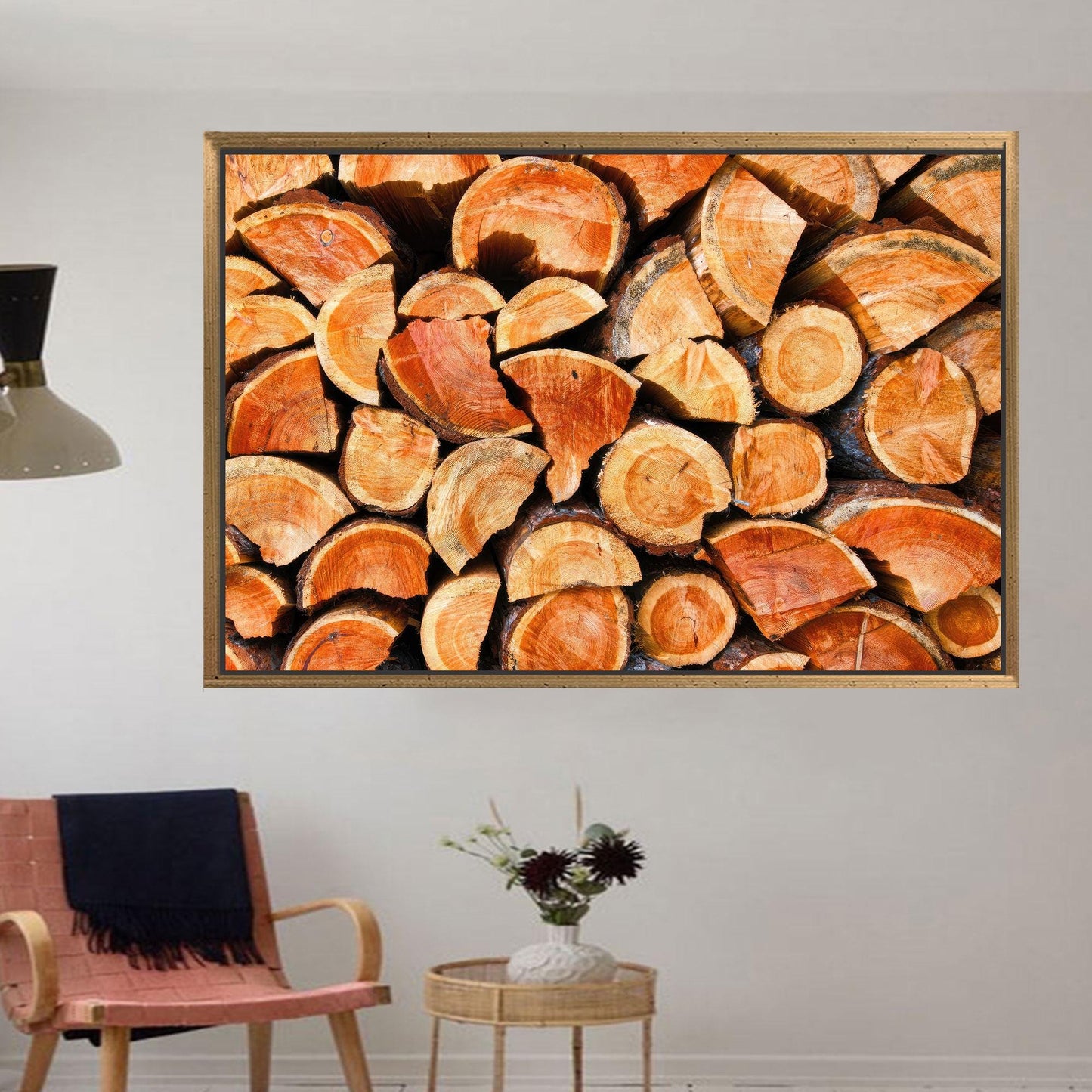 Modern Brown Canvas Print with Wood Ring, Personalized Home Decoration, 3D Wall Hanging