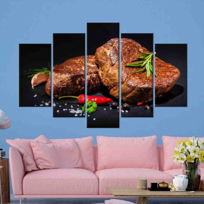 Modern Steak with Spices Canvas Decor - 3D Kitchen Wall Art, Personalized Gift for Dad