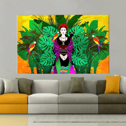 Frida Kahlo Vibrant Parrots Illustration Canvas Print