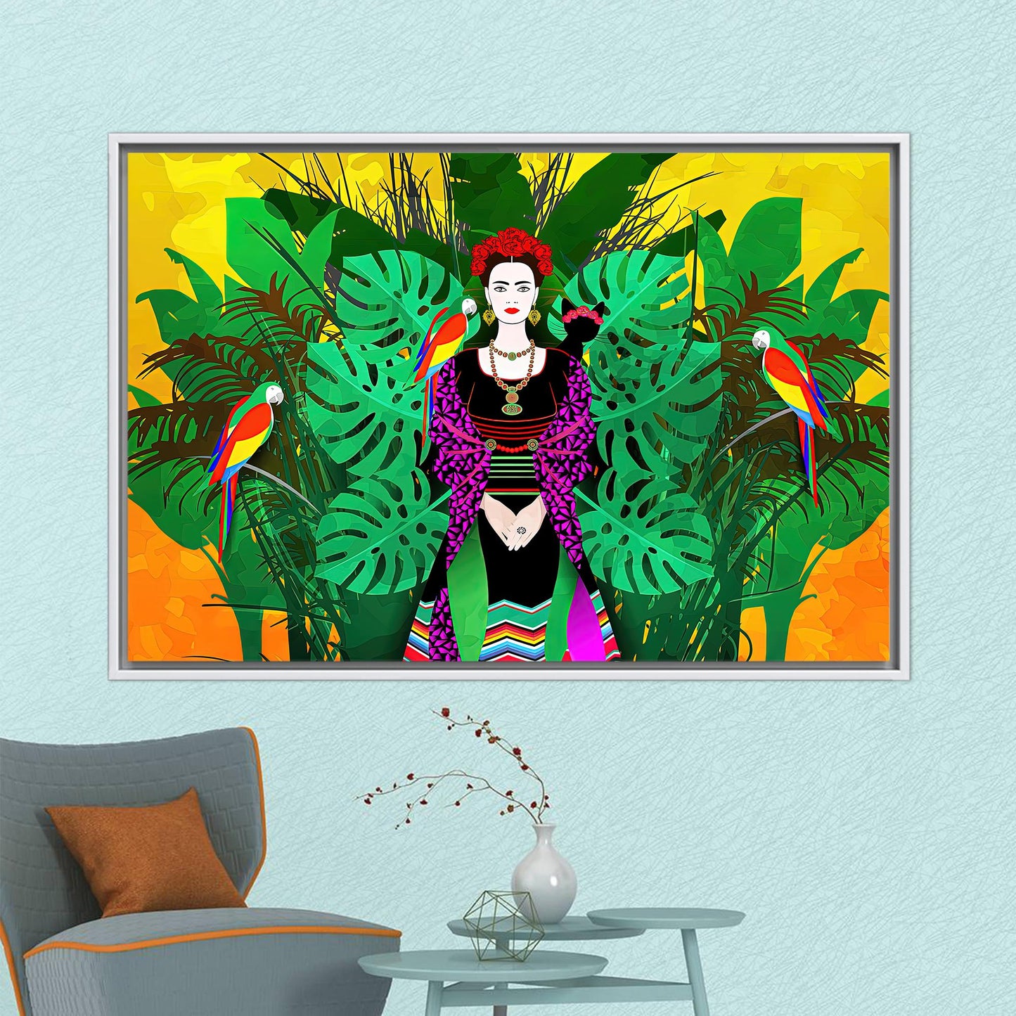 Frida Kahlo Vibrant Parrots Illustration Canvas Print