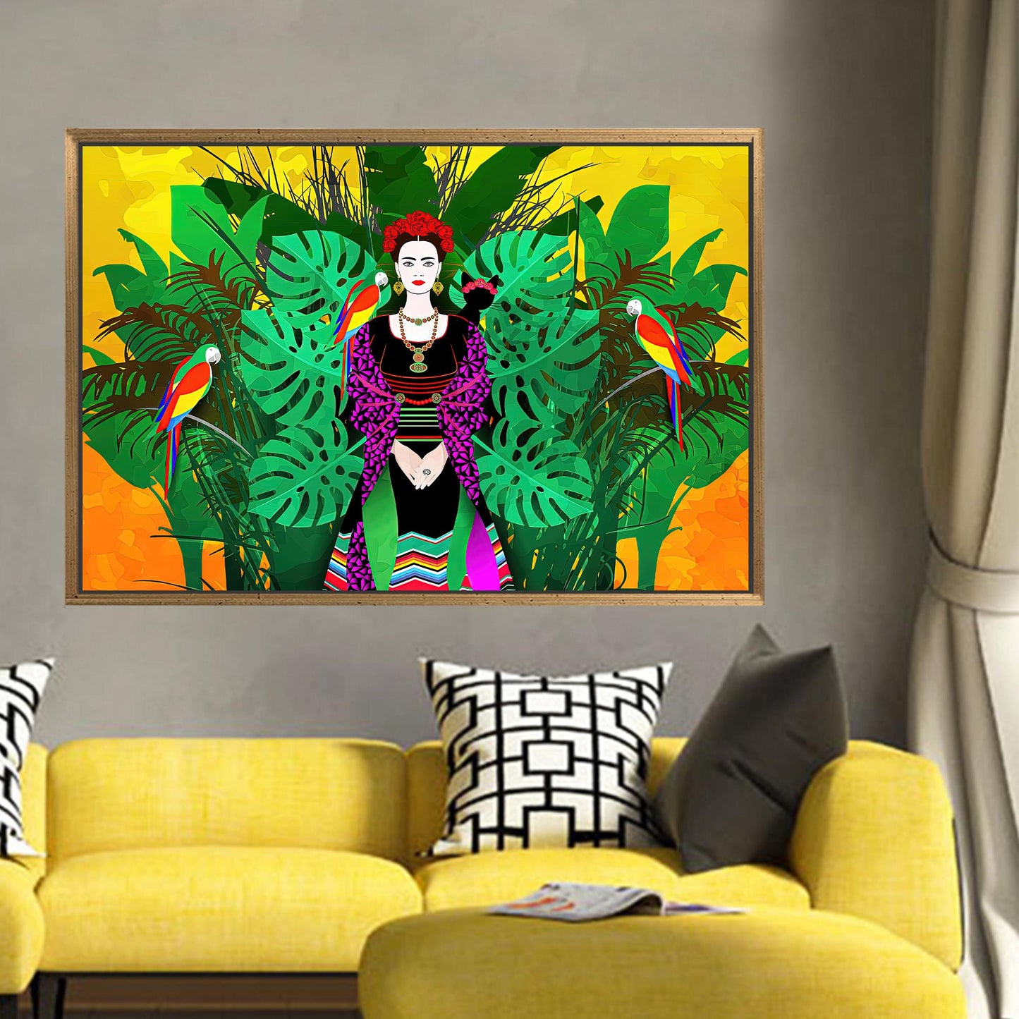 Frida Kahlo Vibrant Parrots Illustration Canvas Print