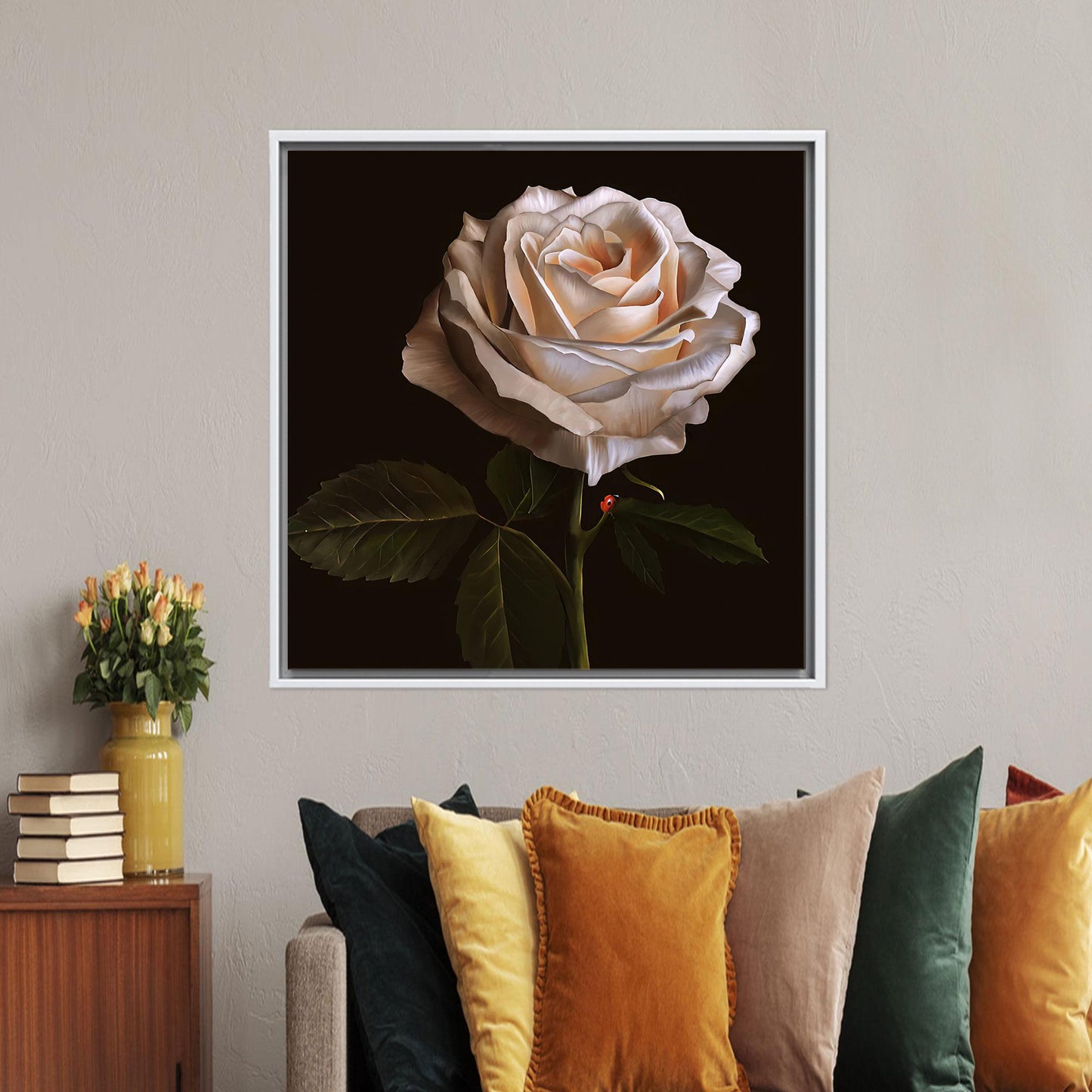 White Rose and Ladybug 3D Canvas Print
