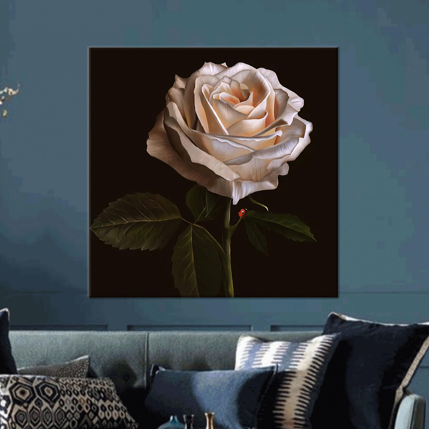 White Rose and Ladybug 3D Canvas Print