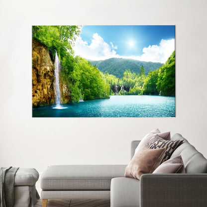 Waterfall in Deep Forest Canvas Print - Landscape Wall Hanging with Tree View