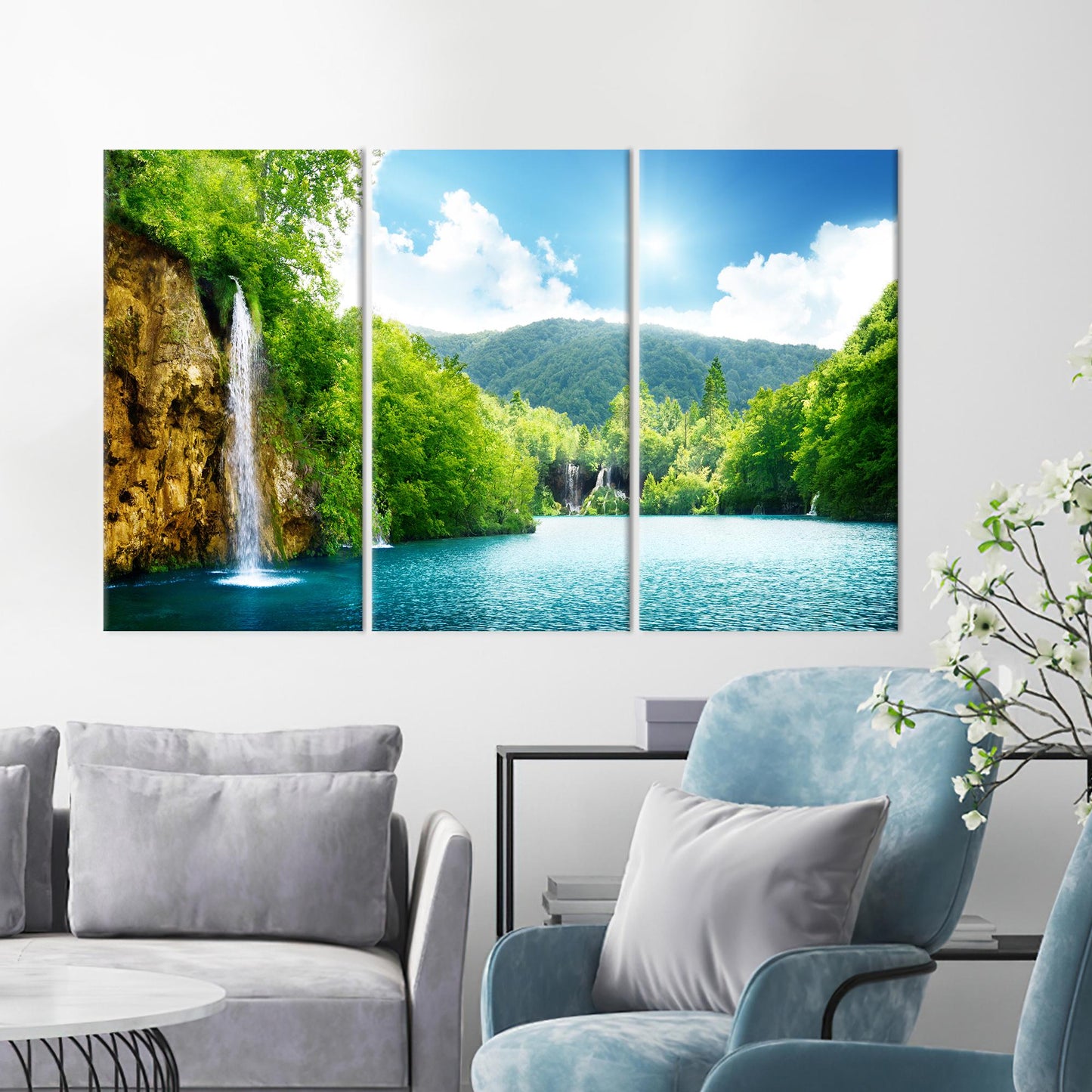 Waterfall in Deep Forest Canvas Print - Landscape Wall Hanging with Tree View