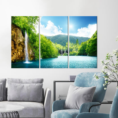Waterfall in Deep Forest Canvas Print - Landscape Wall Hanging with Tree View