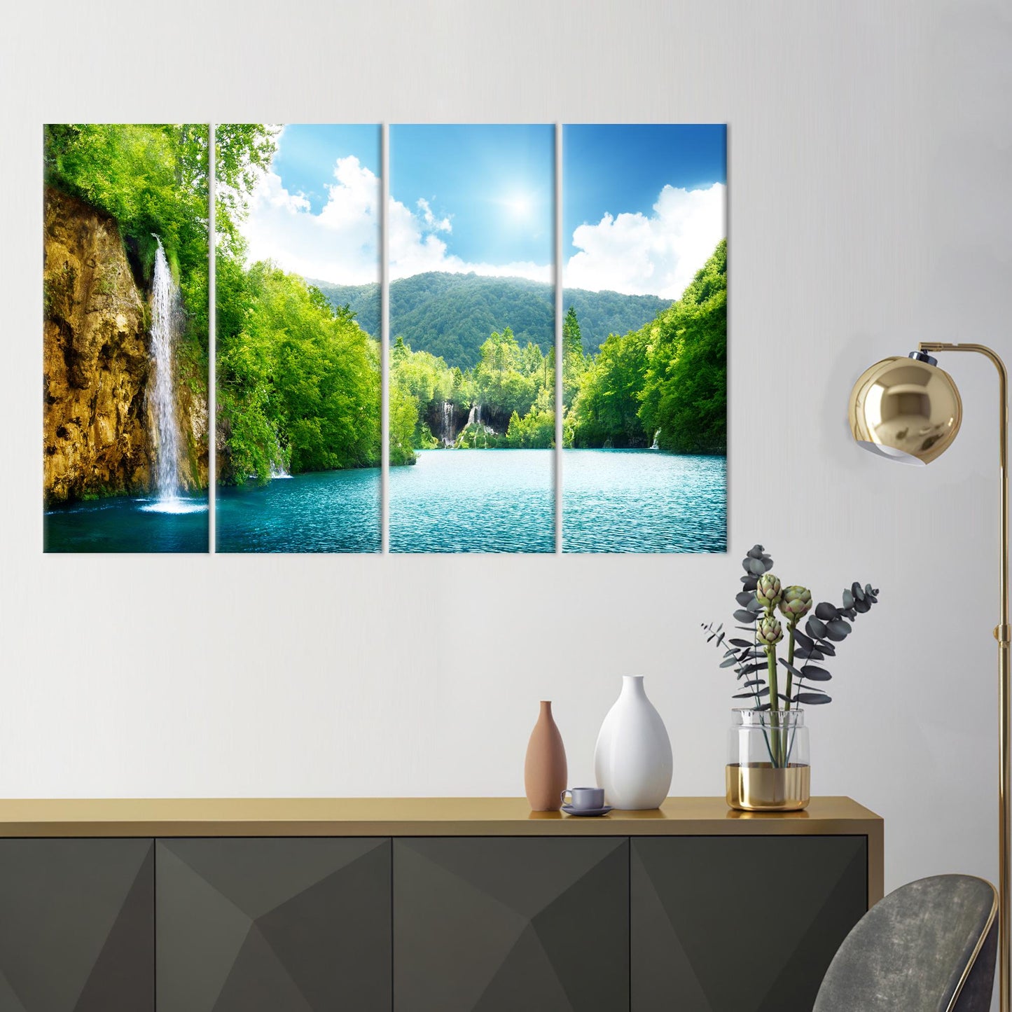 Waterfall in Deep Forest Canvas Print - Landscape Wall Hanging with Tree View