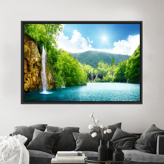 Waterfall in Deep Forest Canvas Print - Landscape Wall Hanging with Tree View