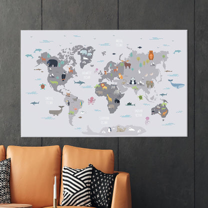 World Map With Animals Canvas Print, Kids Wall Decor, Children's Personalized Baby Gift