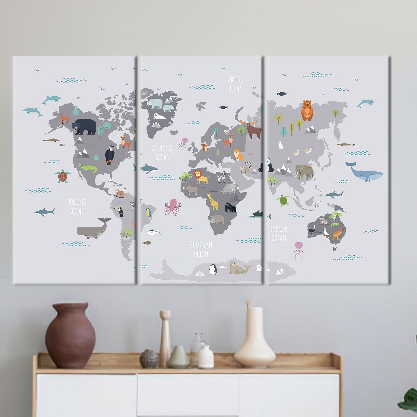 World Map With Animals Canvas Print, Kids Wall Decor, Children's Personalized Baby Gift