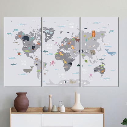 World Map With Animals Canvas Print, Kids Wall Decor, Children's Personalized Baby Gift