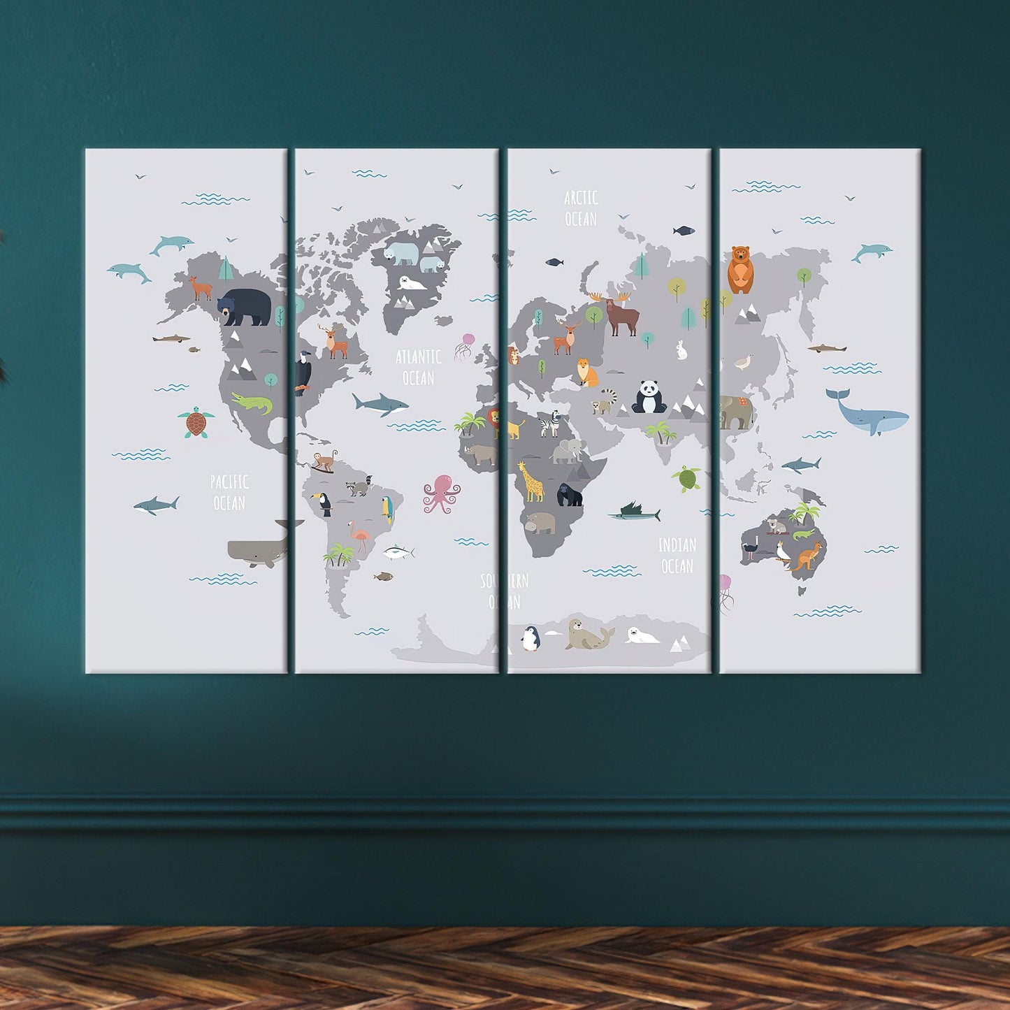 World Map With Animals Canvas Print, Kids Wall Decor, Children's Personalized Baby Gift