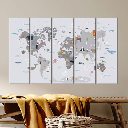 World Map With Animals Canvas Print, Kids Wall Decor, Children's Personalized Baby Gift