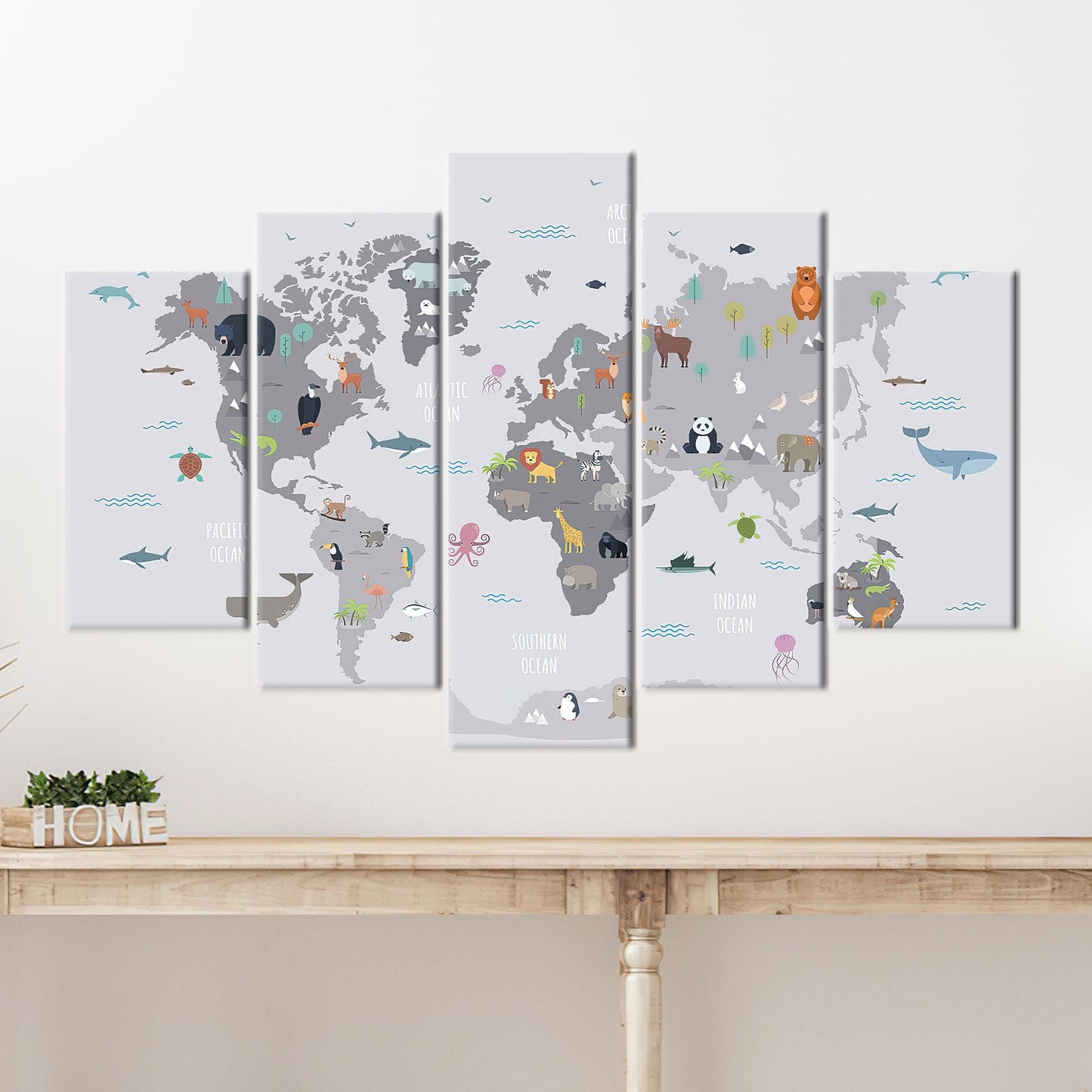 World Map With Animals Canvas Print, Kids Wall Decor, Children's Personalized Baby Gift