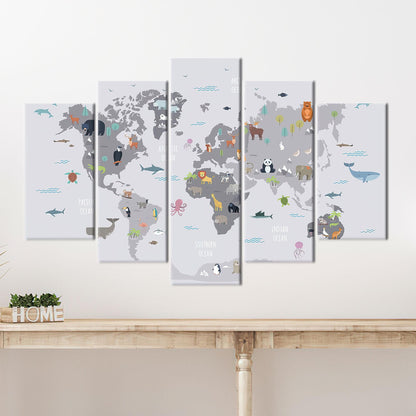 World Map With Animals Canvas Print, Kids Wall Decor, Children's Personalized Baby Gift