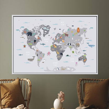 World Map With Animals Canvas Print, Kids Wall Decor, Children's Personalized Baby Gift