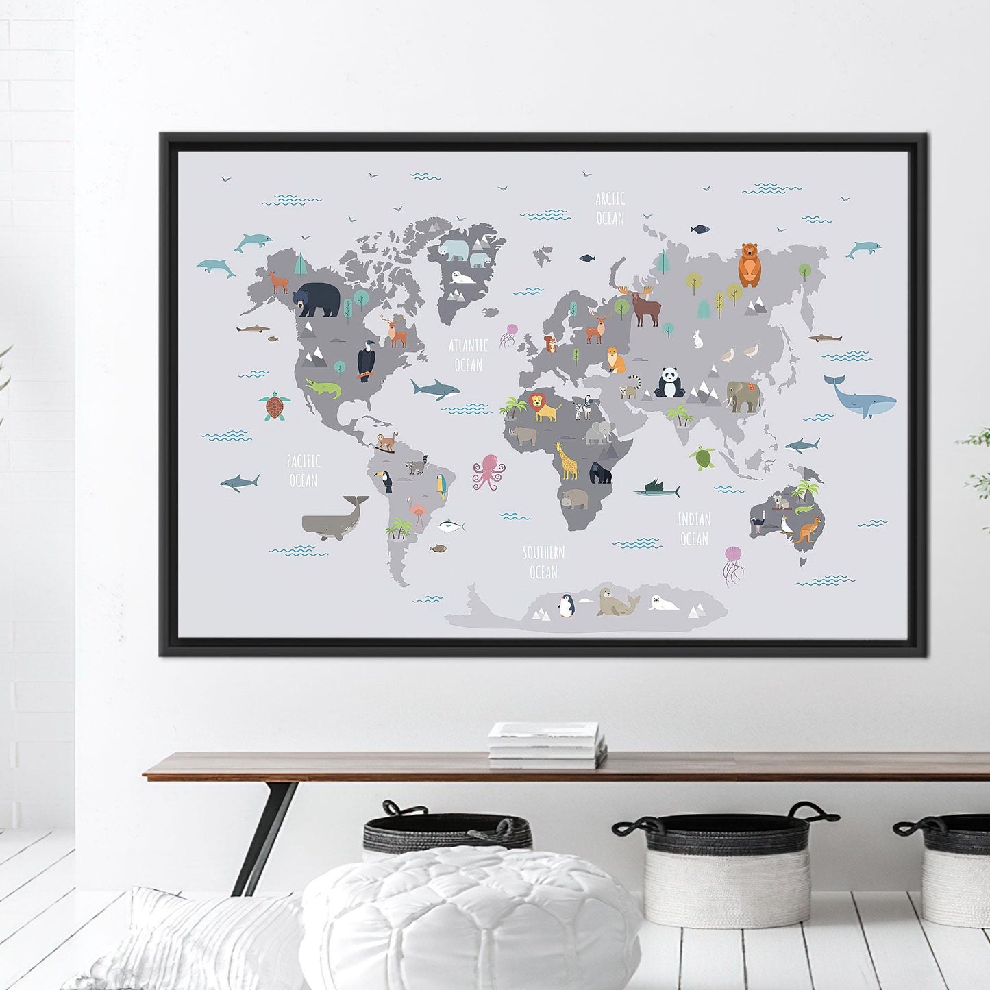 World Map With Animals Canvas Print, Kids Wall Decor, Children's Personalized Baby Gift