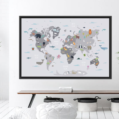 World Map With Animals Canvas Print, Kids Wall Decor, Children's Personalized Baby Gift