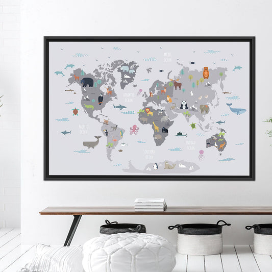 World Map With Animals Canvas Print, Kids Wall Decor, Children's Personalized Baby Gift