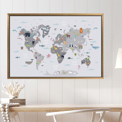 World Map With Animals Canvas Print, Kids Wall Decor, Children's Personalized Baby Gift