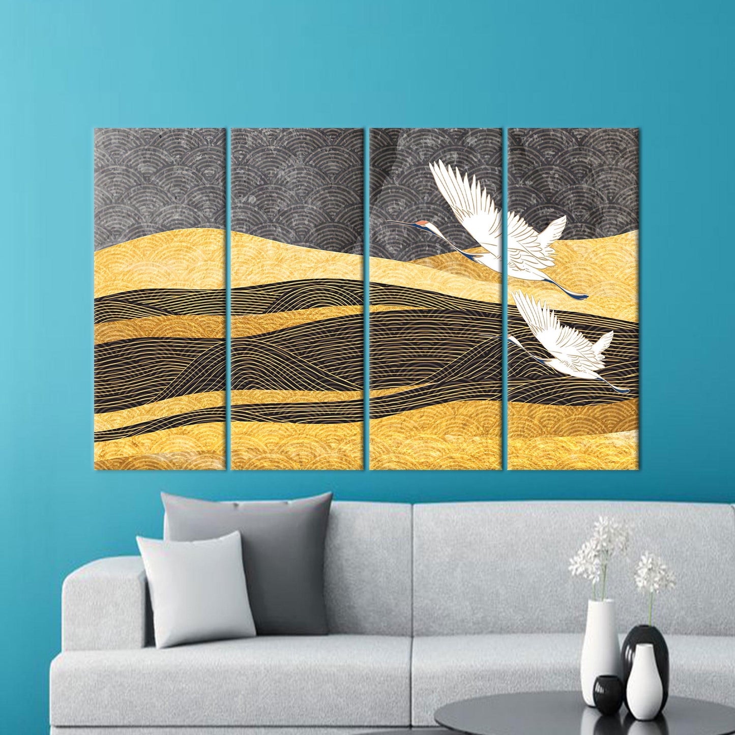 Modern Yellow Pattern Art Canvas, Two Storks Flying, Bridesmaid Gift, Personalized Box