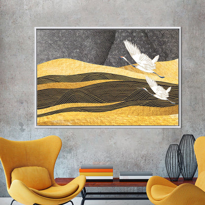 Modern Yellow Pattern Art Canvas, Two Storks Flying, Bridesmaid Gift, Personalized Box