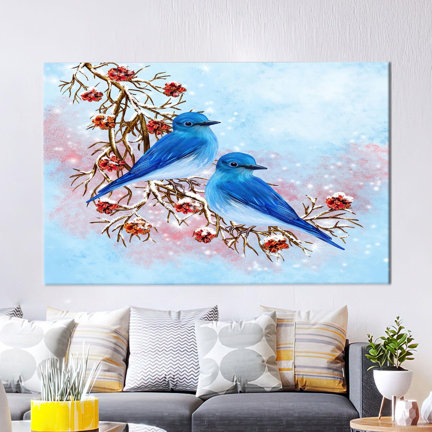 Blue Two Birds Painting Handmade Canvas Print