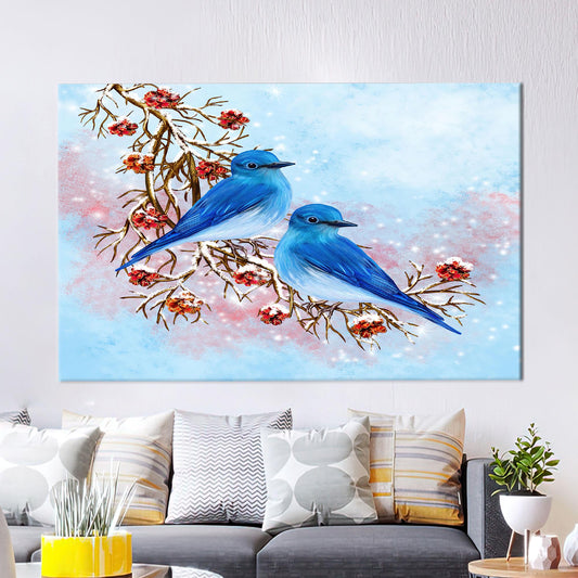 Modern Blue Two Birds Painting Canvas Decor, Handmade Gift, Abstract Bird Canvas Poster