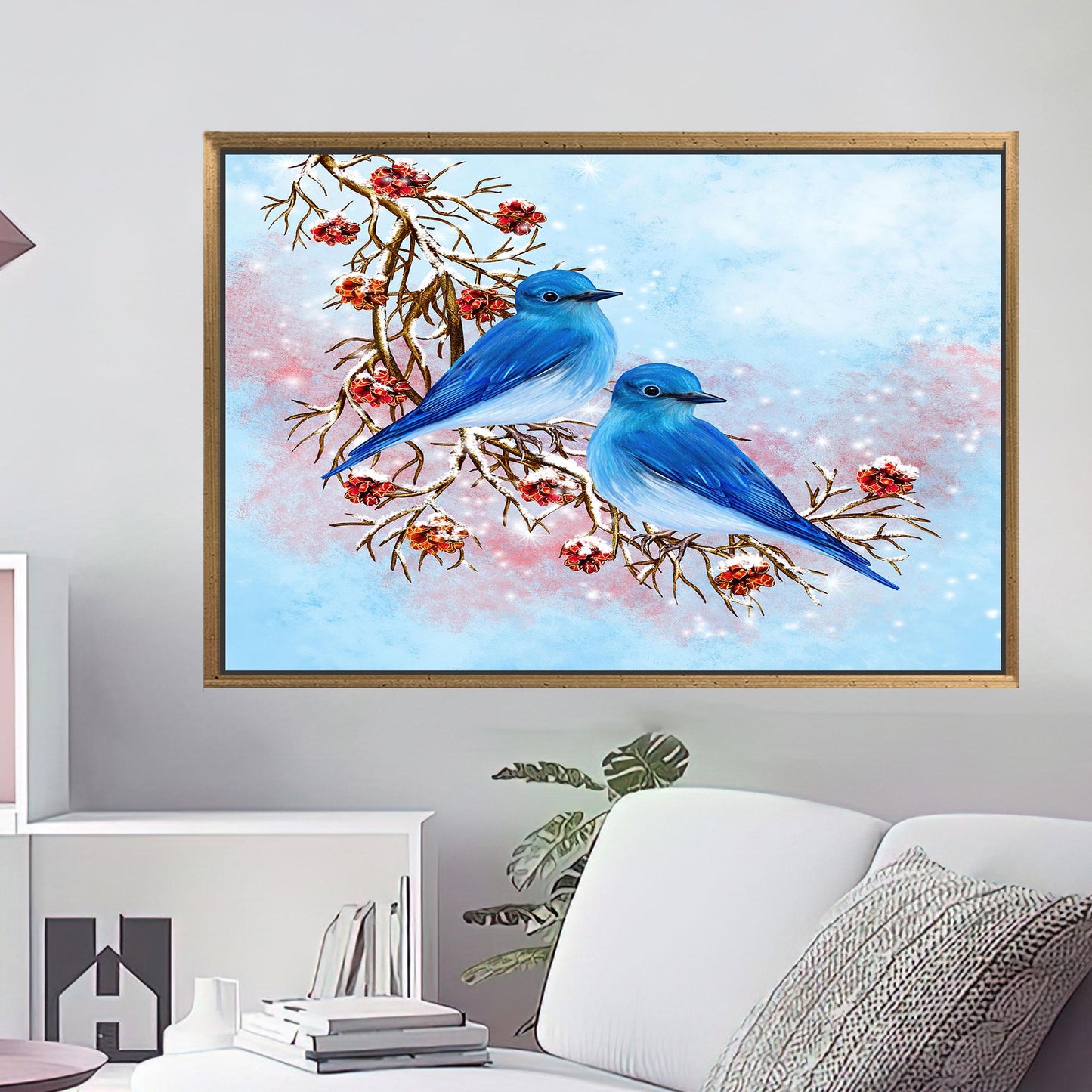 Blue Two Birds Painting Handmade Canvas Print
