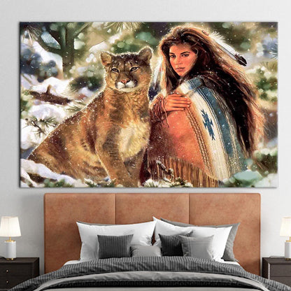 Native Woman and Big Cat Canvas Print