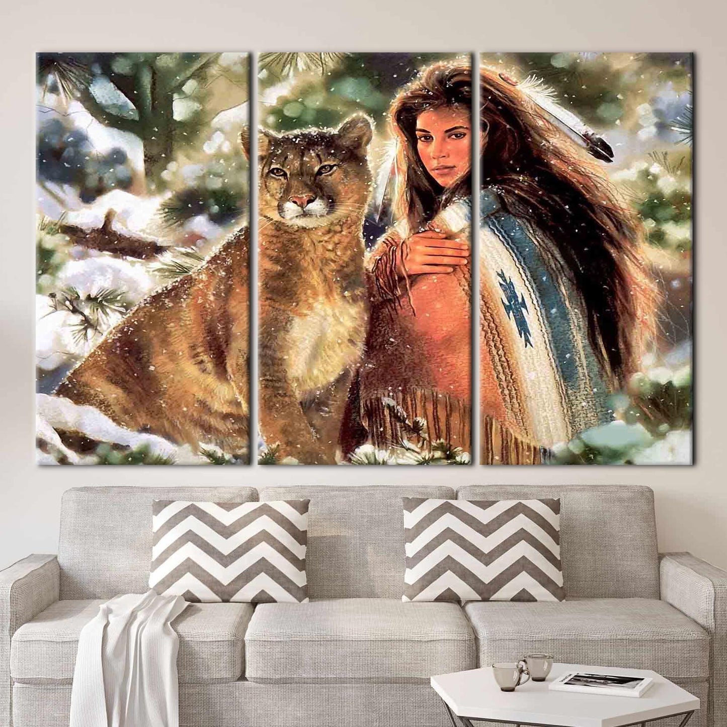 Native Woman and Big Cat Canvas Print