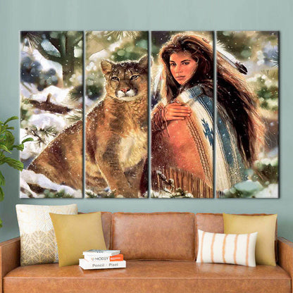 Native Woman and Big Cat Canvas Print