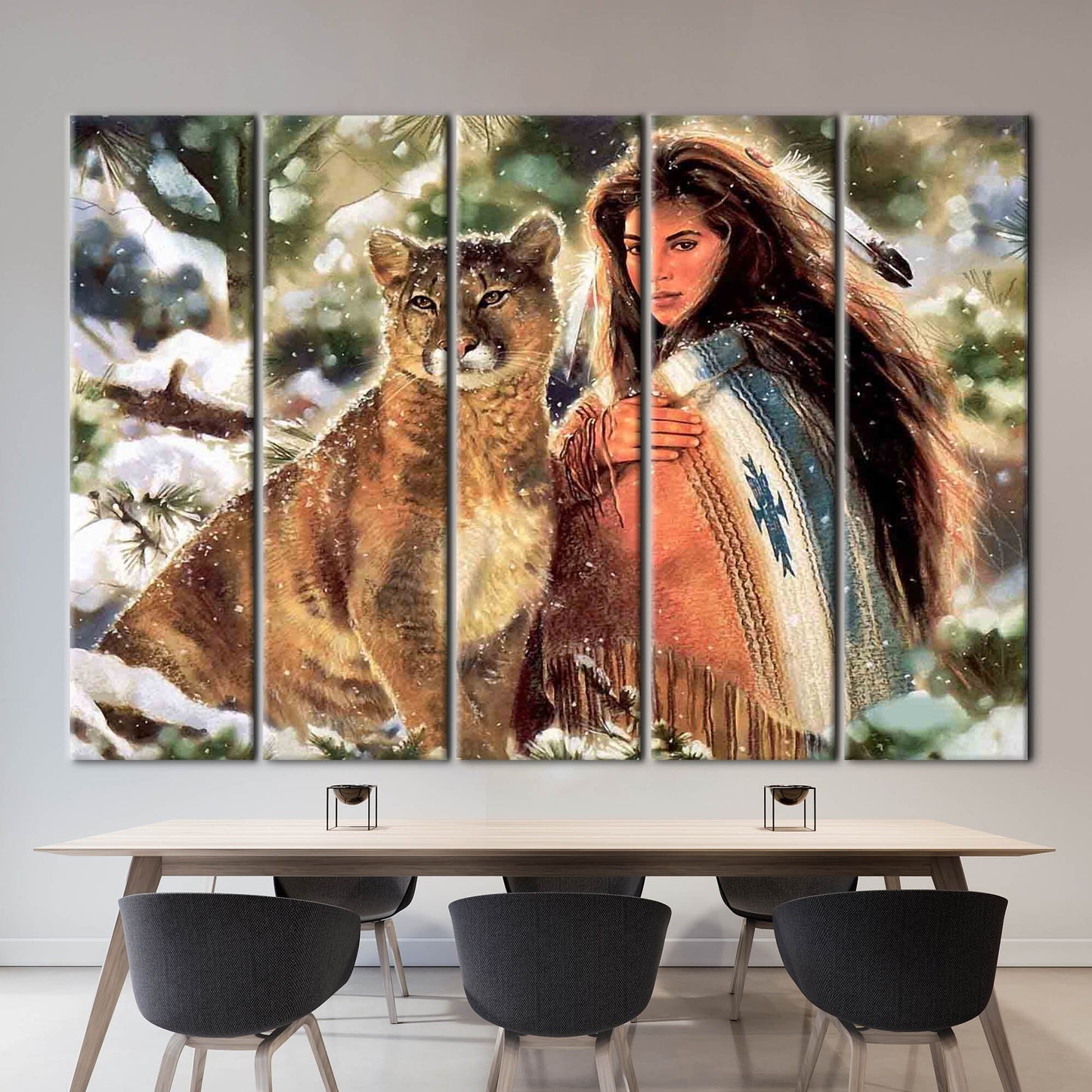 Native Woman and Big Cat Canvas Print