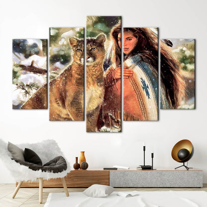 Native Woman and Big Cat Canvas Print