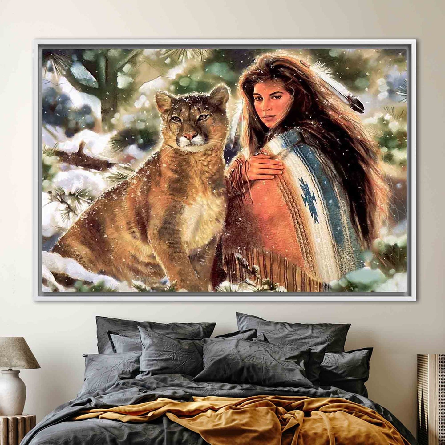 Native Woman and Big Cat Canvas Print