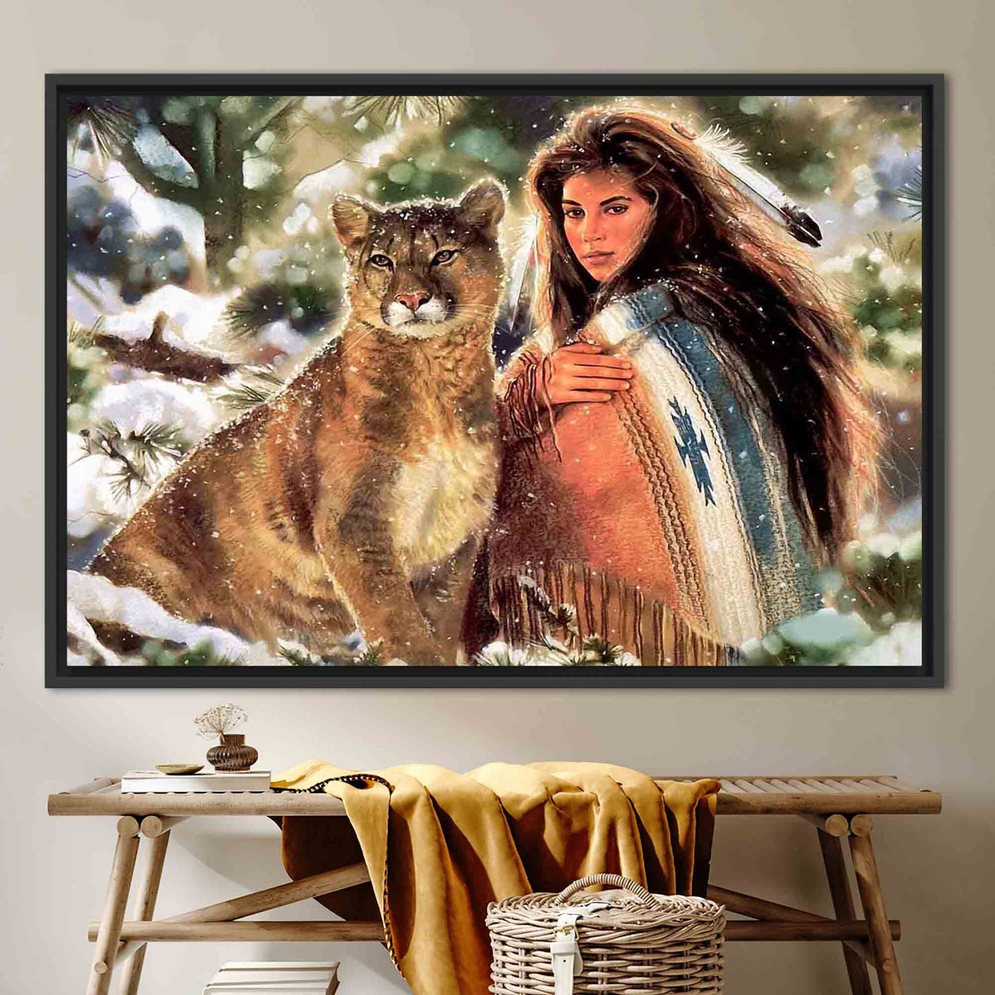 Native Woman and Big Cat Canvas Print