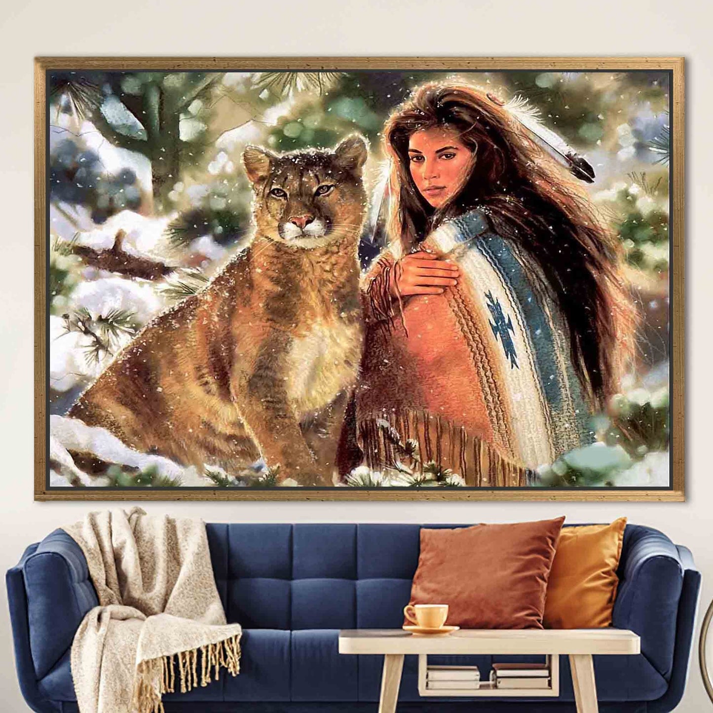 Native Woman and Big Cat Canvas Print