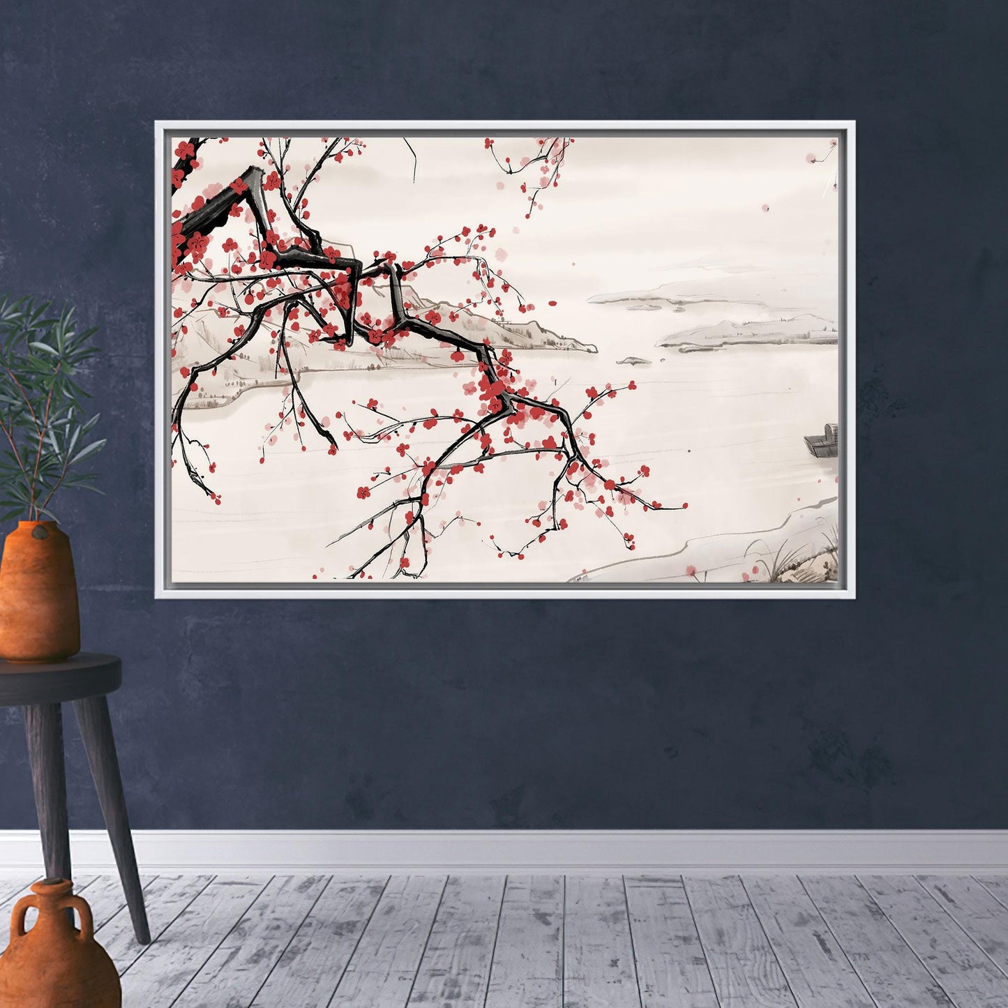 Cherry Blossom Branch Japanese Ink Canvas Print