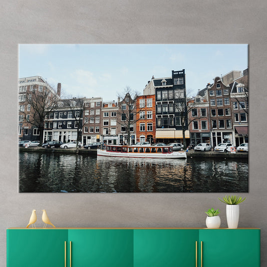 Modern 3D Amsterdam Canal Printed Canvas Wall Art - Netherlands Winter Scene Canvas Print