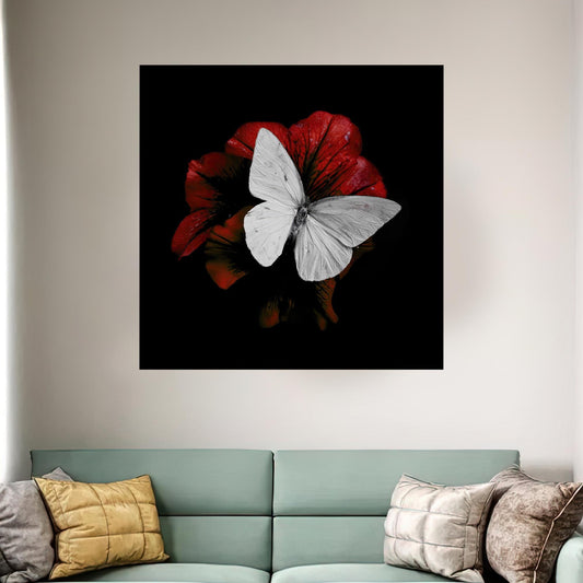 Modern White Butterfly on Red Flower Canvas, 3D Animal Canvas Print, Room Decor Art