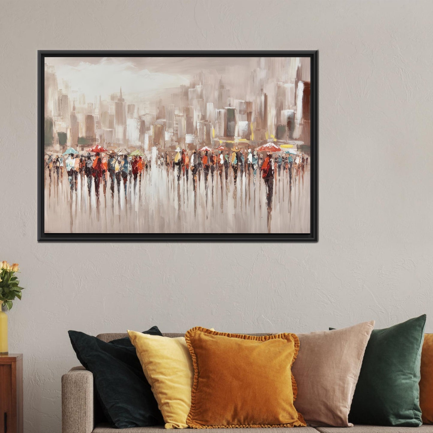 Modern People with Umbrellas Canvas Gift, Abstract Office Art, Personalized Baby Girl Gift