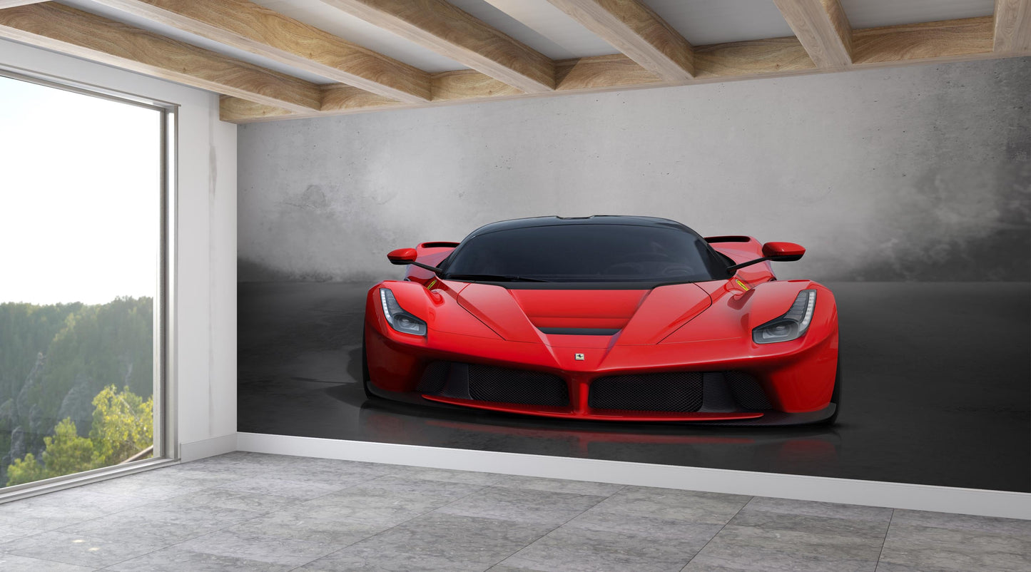 Red Supercar Wall Mural: Iconic Ferrari Style Sports Car Wallpaper for Modern Man Cave or Teen Room