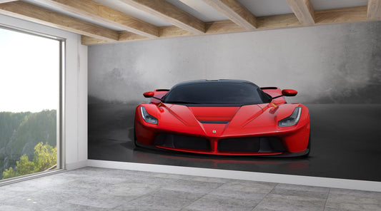 Red Supercar Wall Mural: Iconic Ferrari Style Sports Car Wallpaper for Modern Man Cave or Teen Room
