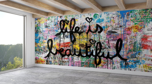 Modern Urban Street Art Wallpaper with Colorful Graffiti Typography for Life Is Beautiful Decor