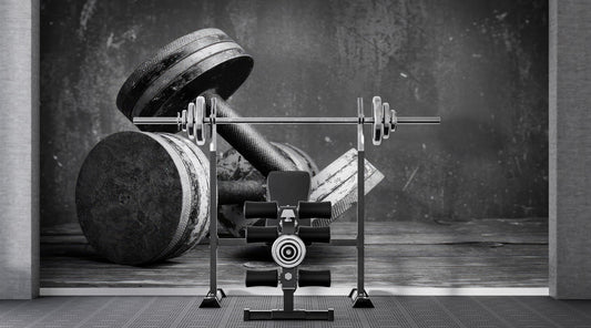 Modern Black Industrial Dumbbell Wall Mural for Gym Room Decor, Fitness Wallpaper, Sport Wall Art