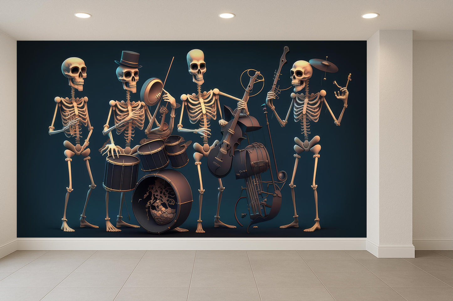 Dark Humorous Gothic Wallpaper with Skeleton Band Mural for Music Room