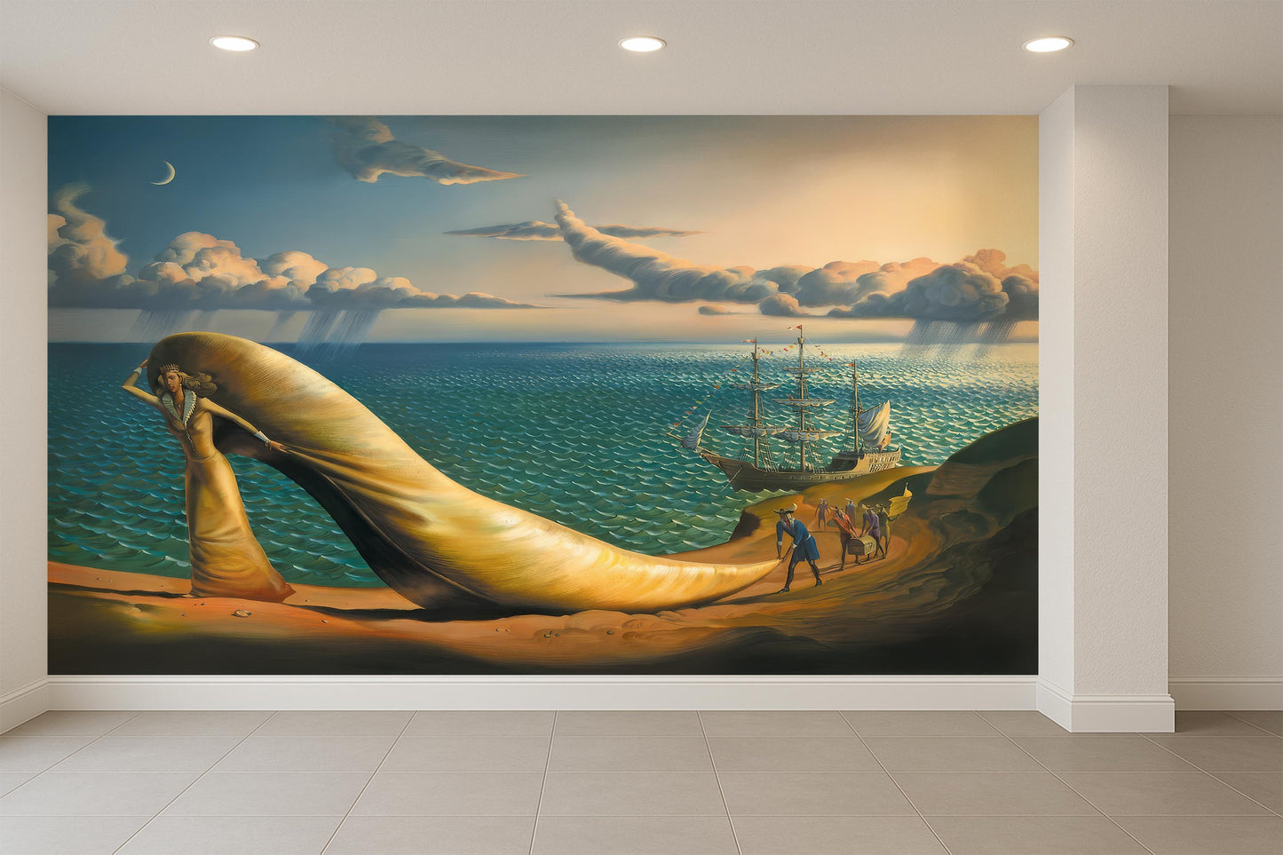 Fantasy Art Wall Decor: Surreal Woman Shoe Landscape Wallpaper with Dreamy Ocean View