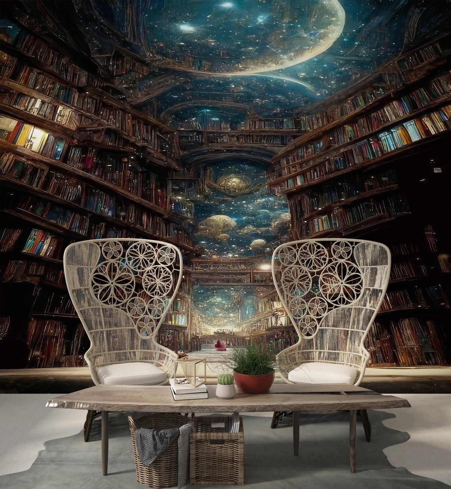 Fantasy Library Wall Mural Wallpaper for Kids Room, Starry Night Book Hall Design